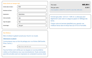 Générateur de devis personnalisé pour impression de jeu de carte à la demande.