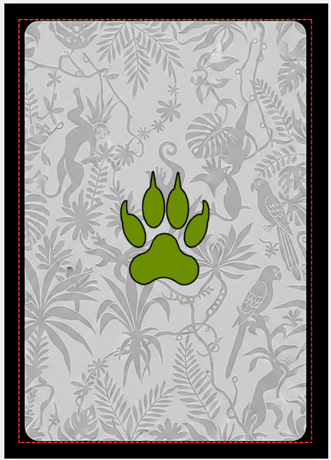 Exemple de carte de poker vierge incluant les trait de découpe de la safe zone a 3mm de chaque bord de carte avec en fond un visuel aux bord unis et des modifs à l'intérieur de la safe zone.